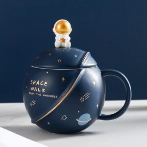 NYRWANA Coffee Mug, Gift for Man, Mugs for Present, Birthday Present for Brother, Astronaut Planet Coffee Mug with 3D Creative Space, Lid & Spoon (400ml-Dark Blue)