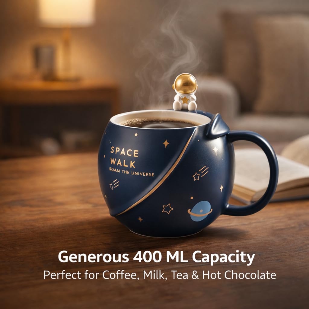 NYRWANA Coffee Mug, Gift for Man, Mugs for Present, Birthday Present for Brother, Astronaut Planet Coffee Mug with 3D Creative Space, Lid & Spoon (400ml-Dark Blue) - Image 3