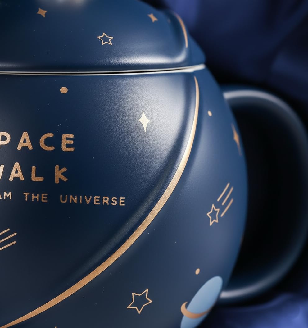 NYRWANA Coffee Mug, Gift for Man, Mugs for Present, Birthday Present for Brother, Astronaut Planet Coffee Mug with 3D Creative Space, Lid & Spoon (400ml-Dark Blue) - Image 6