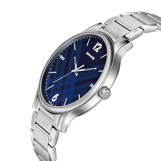 Sonata Smart Plaid Quartz Analog Blue Dial Silver Stainless Steel Strap Watch for Men - NT77105SM01W - Image 4