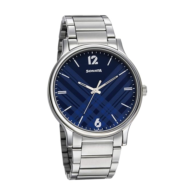 Sonata Smart Plaid Quartz Analog Blue Dial Silver Stainless Steel Strap Watch for Men - NT77105SM01W - Image 6