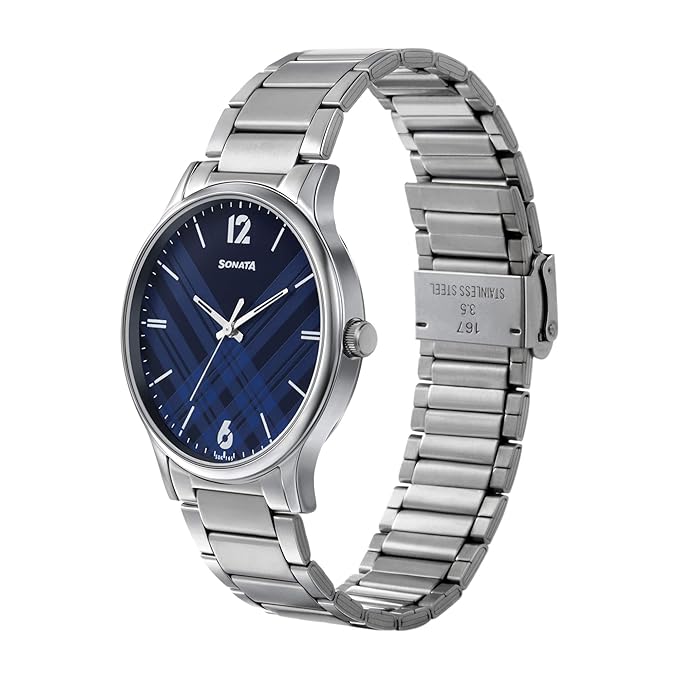 Sonata Smart Plaid Quartz Analog Blue Dial Silver Stainless Steel Strap Watch for Men - NT77105SM01W - Image 5